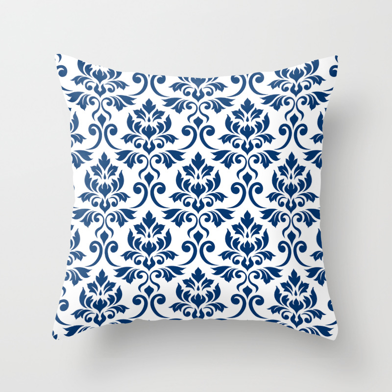 Feuille Damask Pattern Dark Blue On White Throw Pillow By
