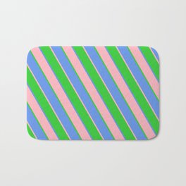 [ Thumbnail: Cornflower Blue, Light Pink & Lime Green Colored Lined/Striped Pattern Bath Mat ]
