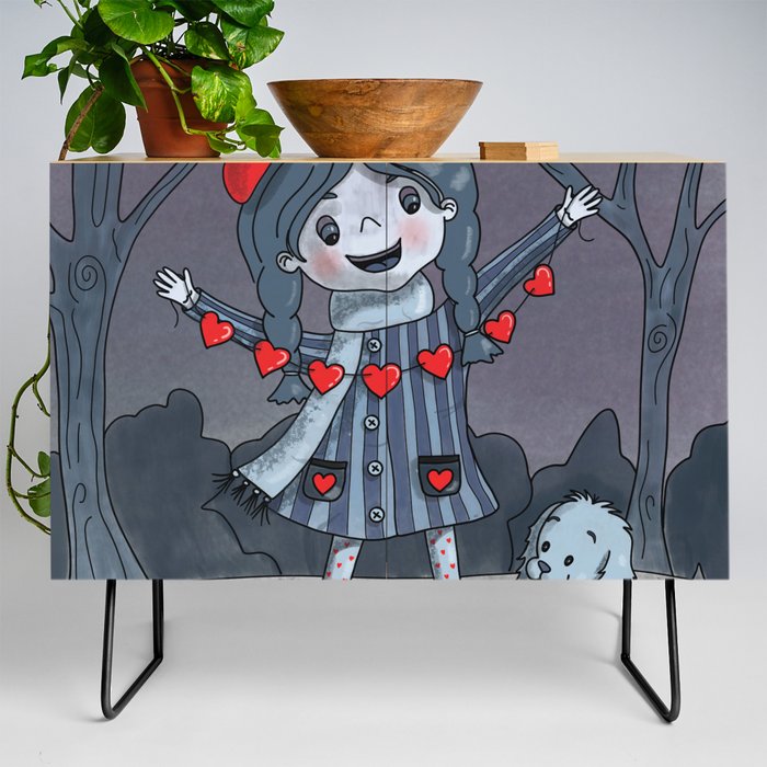 Girl with Dog Holding Heart Garland  Credenza