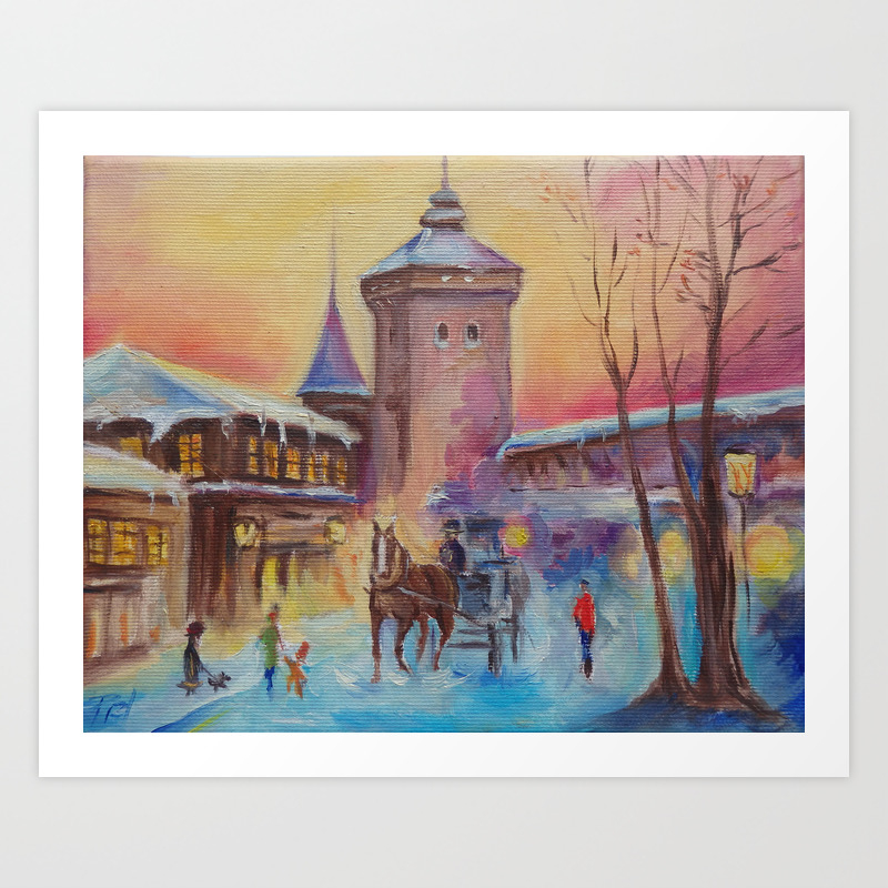 Winter Scene Christmas In The Old Town Illustration Winter Landscape Architecture Painting Art Print By Canisart Society6