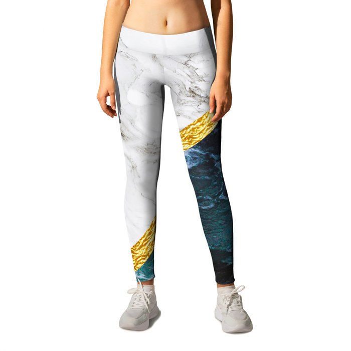 Wild Glamour - slicing marble, gold and ocean waves Leggings