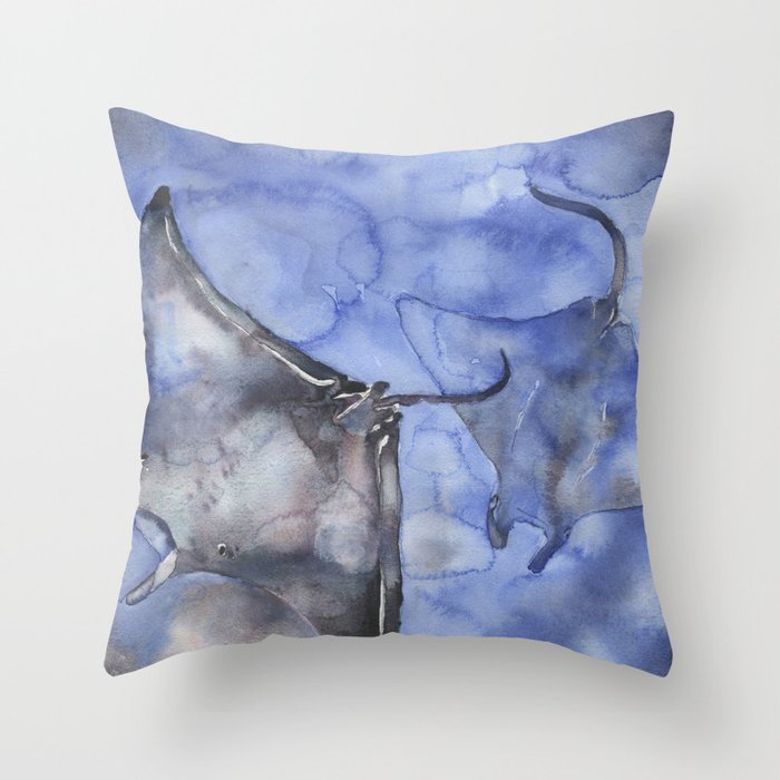 Manta Rays swimming in ocean.  Watercolor painting blue decor ocean animal painting stingray manta ray artwork decor Throw Pillow