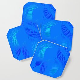Pattern of neon feathers and leaves on a blue background. Coaster