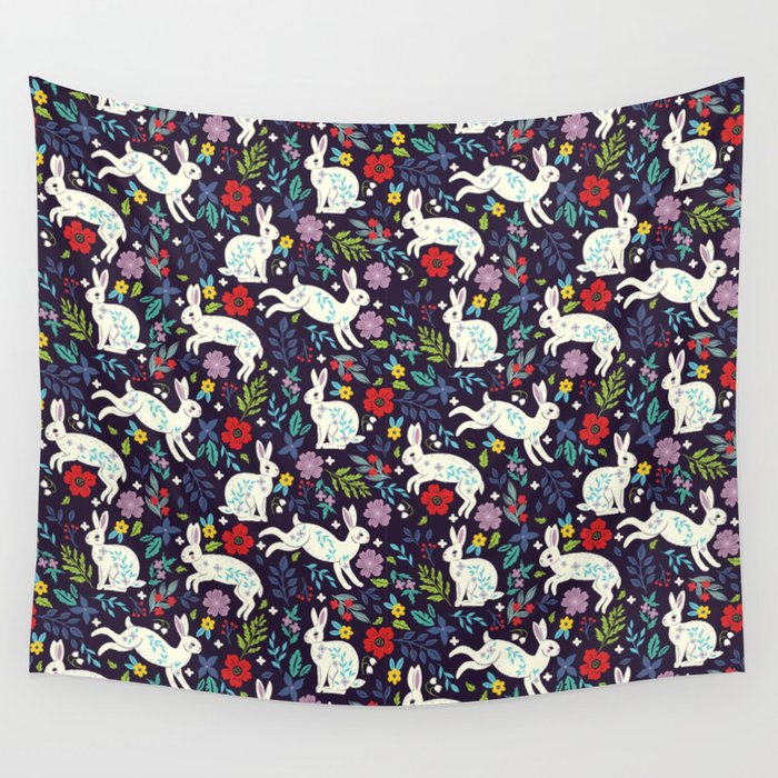 Flowers and White Rabbit Wall Tapestry