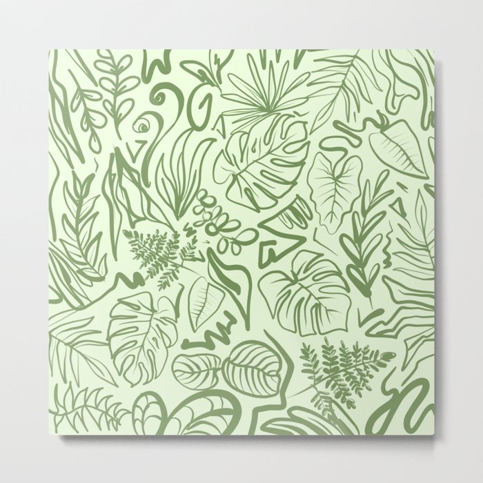 Sage Green Monochrome Leaves Metal Print