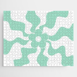 Happy Retro Daisy - Mint Green and White Jigsaw Puzzle