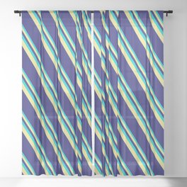 [ Thumbnail: Dark Turquoise, Tan, and Midnight Blue Colored Lines/Stripes Pattern Sheer Curtain ]