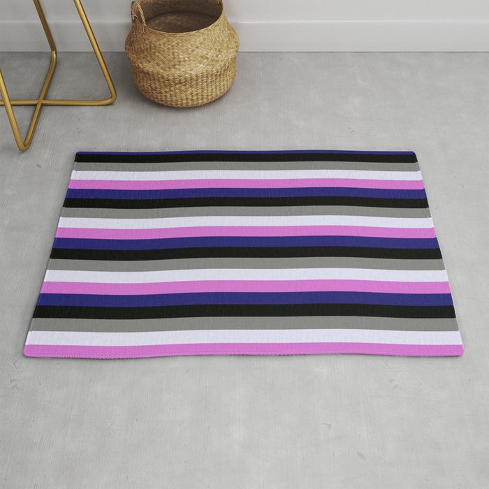 Colorful Orchid, Midnight Blue, Black, Grey, and Lavender Colored Pattern of Stripes Rug