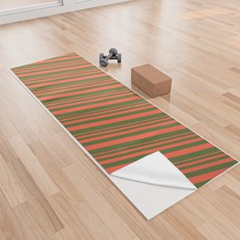 [ Thumbnail: Red and Dark Olive Green Colored Stripes Pattern Yoga Towel ]