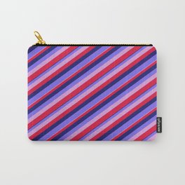 [ Thumbnail: Midnight Blue, Medium Slate Blue, Plum & Crimson Colored Stripes/Lines Pattern Carry-All Pouch ]