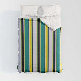 [ Thumbnail: Teal, Yellow, Lavender & Black Colored Striped Pattern Duvet Cover ]