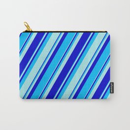 [ Thumbnail: Turquoise, Blue, and Deep Sky Blue Colored Pattern of Stripes Carry-All Pouch ]