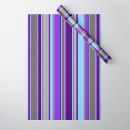 [ Thumbnail: Eye-catching Light Sky Blue, Indigo, Purple, Dark Gray & Dim Grey Colored Lines Pattern Wrapping Paper ]