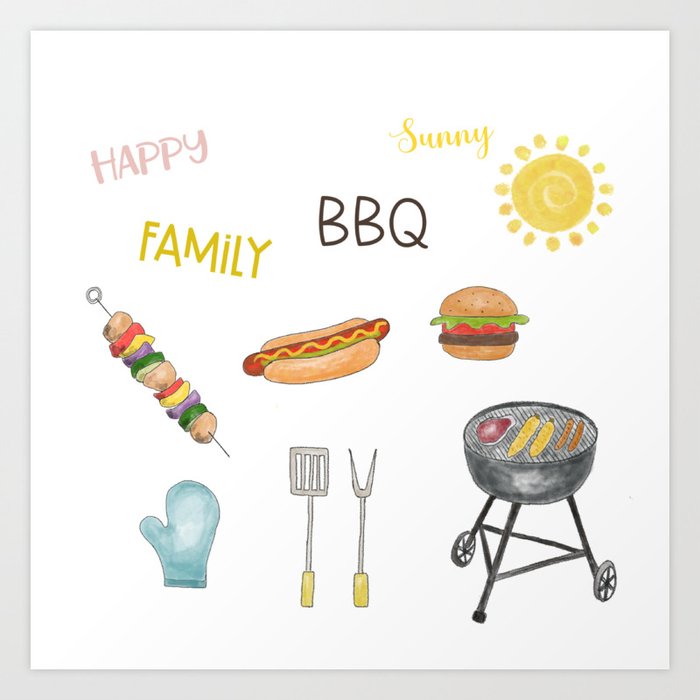 BBQ Stickers, Hand drawn, Family Time, Spring, Summer, Hamburger, Hotdog, Sun, Corn, Chicken Kebab Art Print