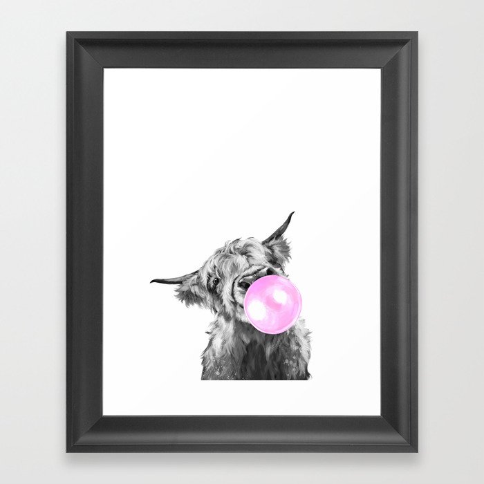 Bubble Gum Highland Cow Black and White Framed Art Print