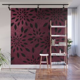 Black Leafs on Wine Red background Wall Mural