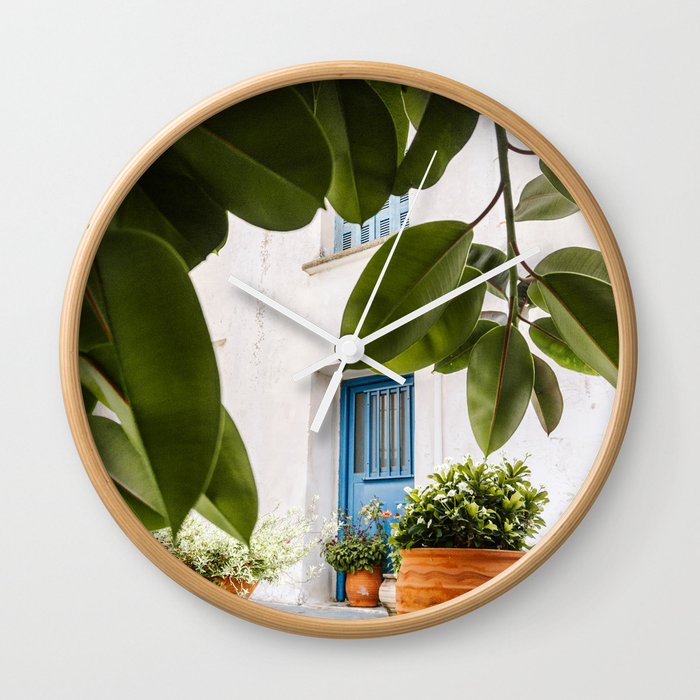 Colorful Greek Street | Potted Plants and Blue Doors in the Old Town on Naxos, Greece, Europe Wall Clock