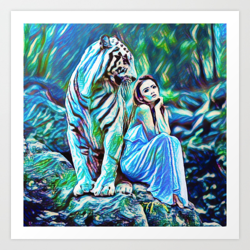 Beauty And The White Tiger Fantasy Art Painting Art Print By