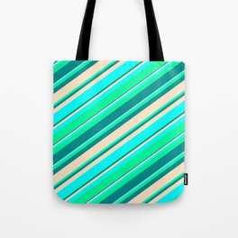 [ Thumbnail: Green, Dark Cyan, Bisque, and Aqua Colored Pattern of Stripes Tote Bag ]