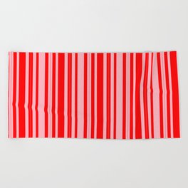 [ Thumbnail: Red & Light Pink Colored Lines/Stripes Pattern Beach Towel ]