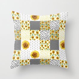 Sunflower Quilt - patchwork, boho, summer, black and white, feminine, floral,  Throw Pillow