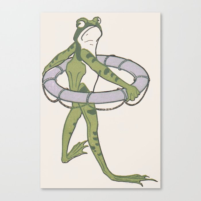 Frog with Swim Ring Vintage Art Canvas Print
