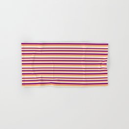 [ Thumbnail: Purple, Brown & Beige Colored Striped/Lined Pattern Hand & Bath Towel ]