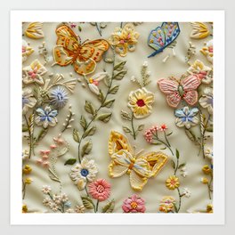 Embroidered butterflies and flowers cottagecore Art Print