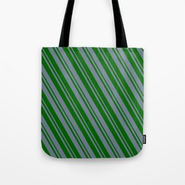 [ Thumbnail: Slate Gray and Dark Green Colored Striped/Lined Pattern Tote Bag ]