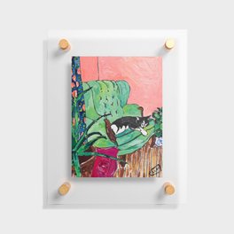 Napping Tuxedo Cat in Overstuffed Sage Green Armchair with Pink Interior After Matisse Painting Floating Acrylic Print