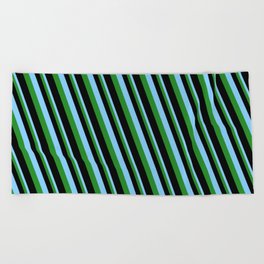 [ Thumbnail: Light Sky Blue, Forest Green & Black Colored Pattern of Stripes Beach Towel ]