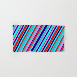 [ Thumbnail: Colorful Aqua, Red, Dark Turquoise, Violet, and Blue Colored Lined Pattern Hand & Bath Towel ]
