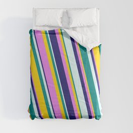 [ Thumbnail: Eye-catching Yellow, Violet, Midnight Blue, Light Cyan, and Dark Cyan Colored Stripes/Lines Pattern Comforter ]