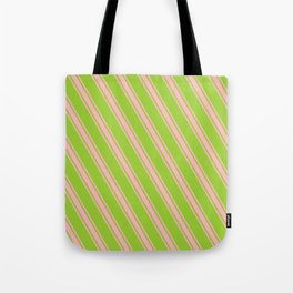 [ Thumbnail: Green & Light Pink Colored Lined/Striped Pattern Tote Bag ]