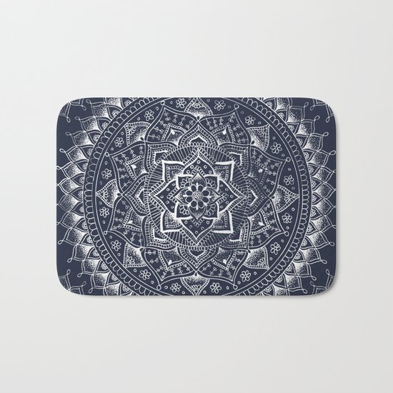 White Flower Mandala on Dark Blue Bath Mat