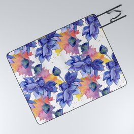 Blue on Colorful Splashes Watercolor Lotus Flowers Pattern Picnic Blanket