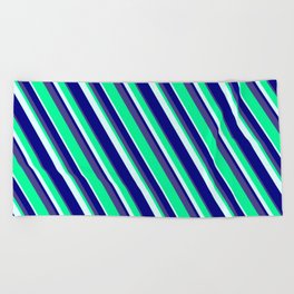 [ Thumbnail: Green, Light Cyan, Blue & Dark Slate Blue Colored Lines/Stripes Pattern Beach Towel ]