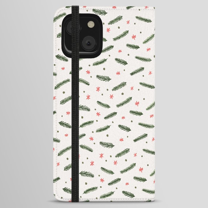 Christmas branches and stars - olive and coral iPhone Wallet Case