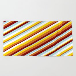 [ Thumbnail: Vibrant Powder Blue, White, Yellow, Chocolate, and Maroon Colored Lines Pattern Beach Towel ]