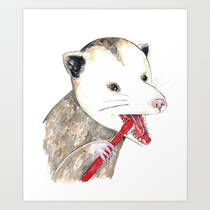 Opossum brushing teeth bath watercolor painting Art Print