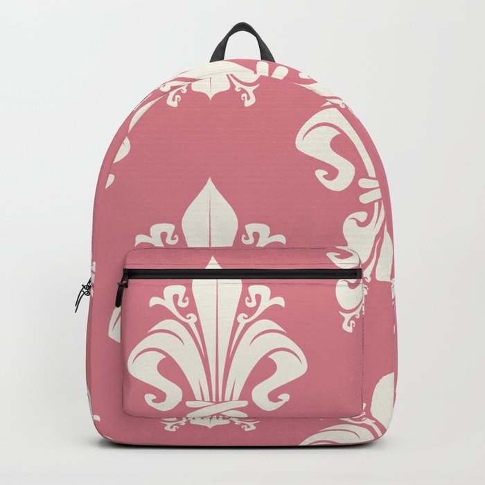 Vintage White Fleur-de-lis Symbol Victorian Pattern on Victorian Pink Backpack