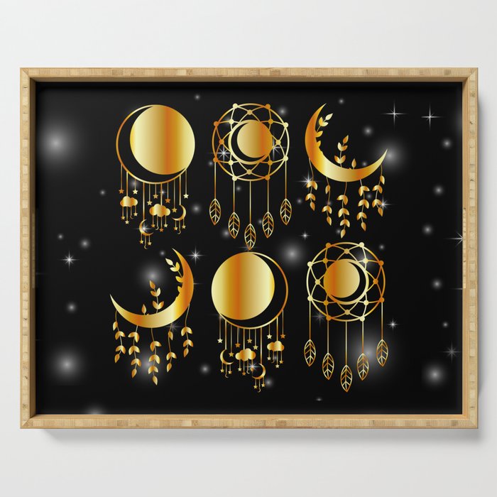 Mystic moon Decorative dream catchers in gold Serving Tray