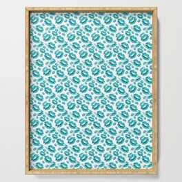 Two Kisses Collided Turquoise Lips Pattern On White Background Serving Tray