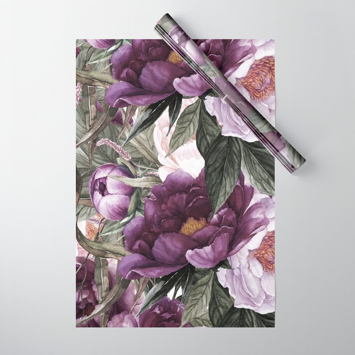 Purple Plum Pink Watercolor Peonies and Greenery Wrapping Paper