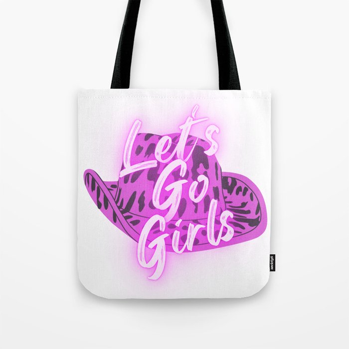 Let's Go Girls! - Pink/Purple Cow Print Cowboy Hat Tote Bag