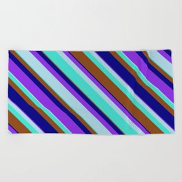 [ Thumbnail: Eyecatching Purple, Light Blue, Turquoise, Brown & Blue Colored Striped Pattern Beach Towel ]