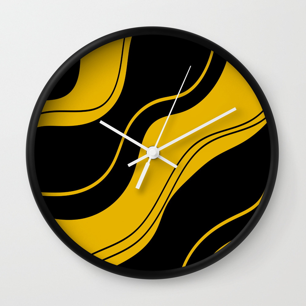 Uplifting Abstract Yellow Black Wavy Lines Wall Clock By