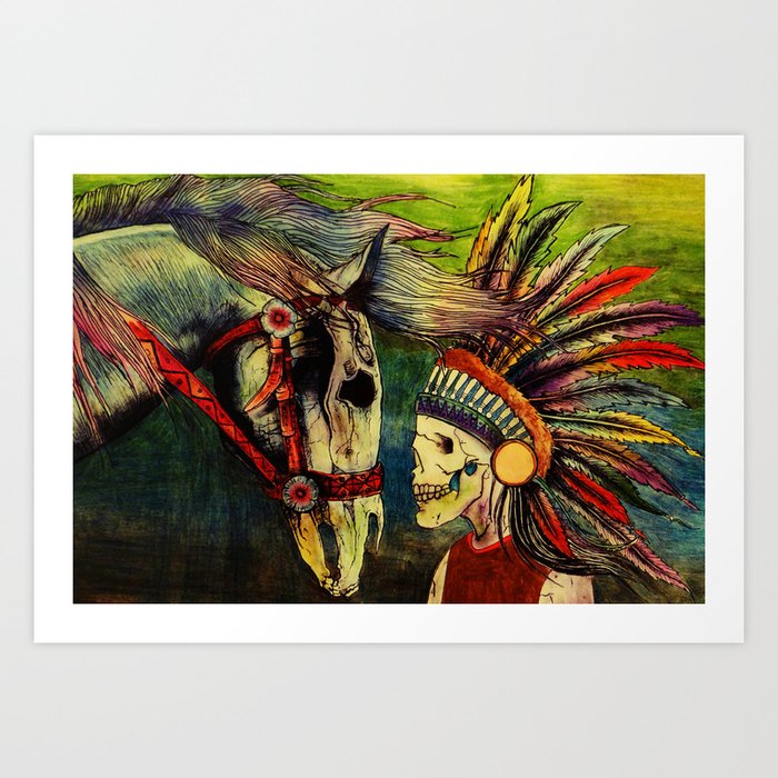 Rainbow Native American And Horse Skeleton Art Print By