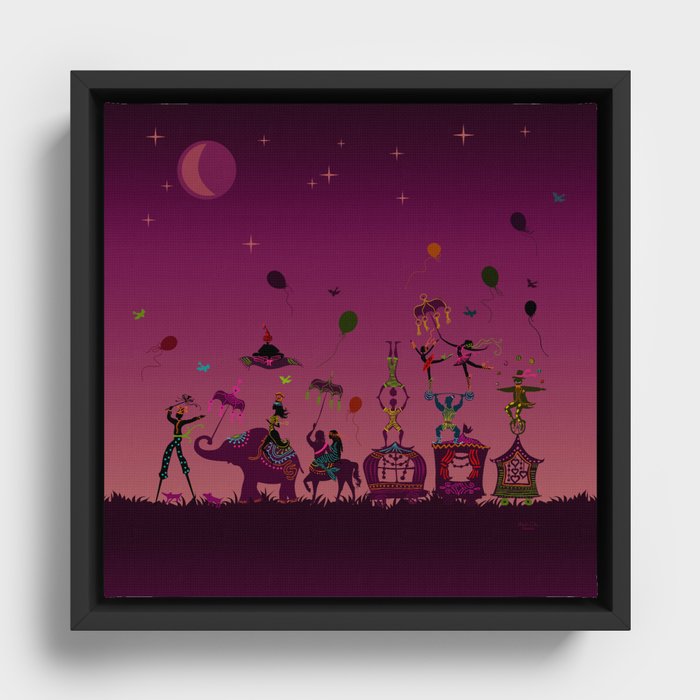 colorful circus carnival traveling in one row at night Framed Canvas