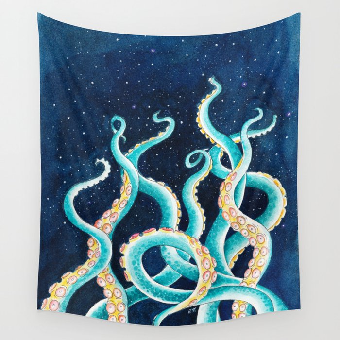 Octopus Tentacles Galaxy Ocean Stars Watercolor Wall Tapestry
